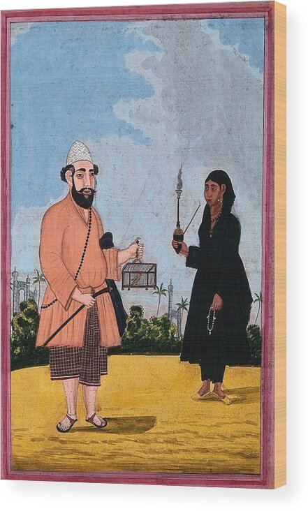 A Muslim Man Holding A Bird In A Cage With A Women Holding A Pipe. Gouache Wood Print featuring the painting A Muslim man holding a bird in a cage with a women holding a pipe. Gouache, by Artistic Rifki