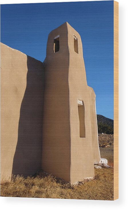 Architecture Wood Print featuring the photograph Adobe Church Bell Tower in Golden New Mexico by Mary Lee Dereske