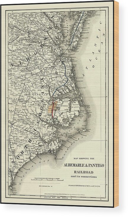 Albemarle And Pantego Railroad Map Wood Print featuring the photograph Albemarle and Pantego Railroad Vintage Map 1887 by Carol Japp