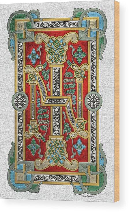 ‘celtic Treasures’ Collection By Serge Averbukh Wood Print featuring the digital art Ancient Celtic Runes of Hospitality and Potential - Illuminated Plate over White Leather by Serge Averbukh