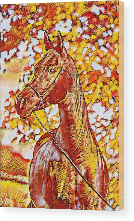 Arabian Horse Wood Print featuring the digital art Arabian horse sitting in front of a tree - warm colors digital art by Nicko Prints