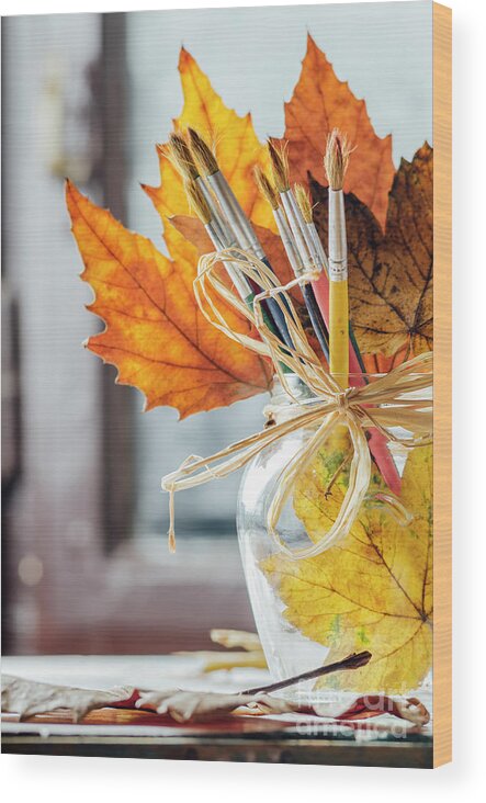 Art Wood Print featuring the photograph Art paintbrushes and autumn leaves by Jelena Jovanovic