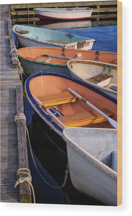 Acadia Wood Print featuring the photograph At The Dock. Row Boats In Southwest Harbor, Maine by Jeff Sinon