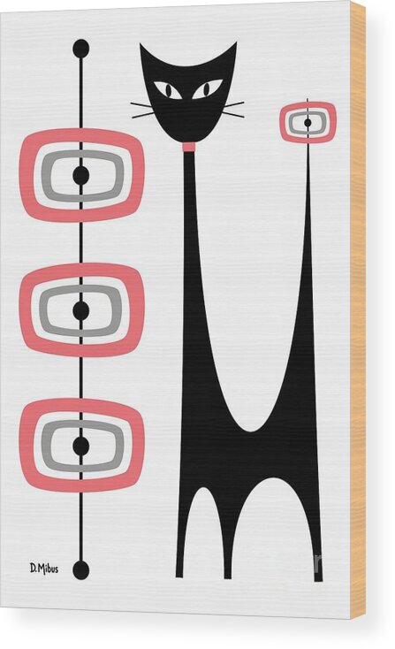 Mid Century Modern Wood Print featuring the digital art Atomic Cat Pink Gray by Donna Mibus