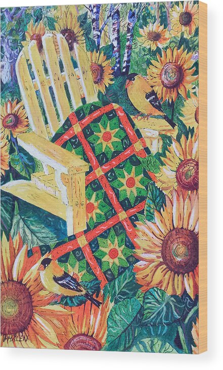 August Sunflowers And Quilt Wood Print featuring the painting August Sunflowers and Quilt by Diane Phalen