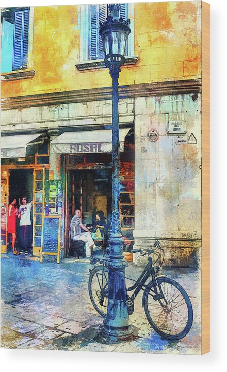 Barcelona Wood Print featuring the mixed media Barcelona street cafe and bike by Tatiana Travelways