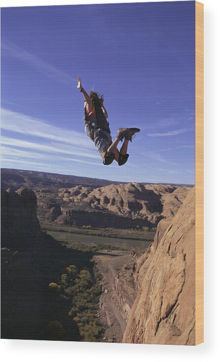 Diving Into Water Wood Print featuring the photograph Base jumper in midair by William R. Sallaz