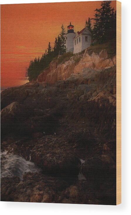 Bass Harbor Light Wood Print featuring the painting Bass Harbor Lighthouse Sunset by Dan Sproul