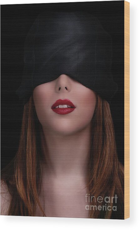 Woman Wood Print featuring the photograph Beautiful blindfolded woman with red lipstick by Mendelex Photography