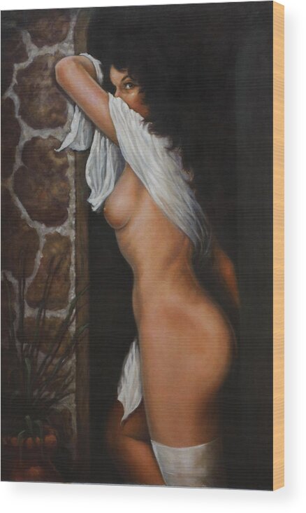 Nude Female Nude Wood Print featuring the painting Behind the Geen Door by Harvie Brown