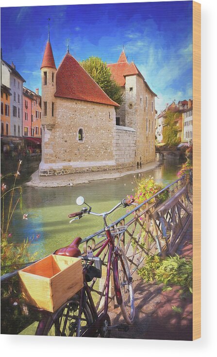 Annecy Wood Print featuring the photograph Bicycle by the Canal Annecy France by Carol Japp