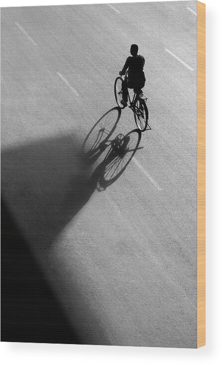 Minimalism Wood Print featuring the photograph Bicycle Shadow Vs Shadow Triangle by Prakash Ghai