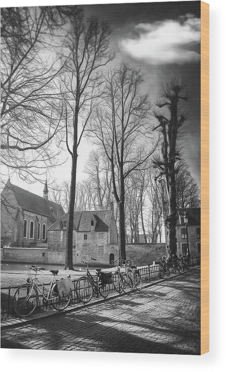 Bruges Wood Print featuring the photograph Bicycles of Bruges Belgium Black and White by Carol Japp