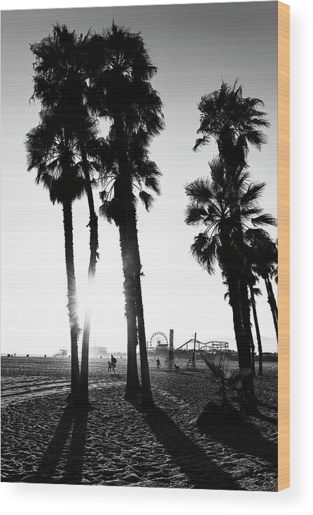 Santa Monica Wood Print featuring the photograph Black California Series - Santa Monica Sunset by Philippe HUGONNARD