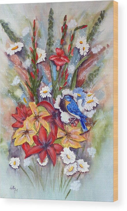 Floral Wood Print featuring the painting Blue Bird Eats thru the Painting by Kelly Mills