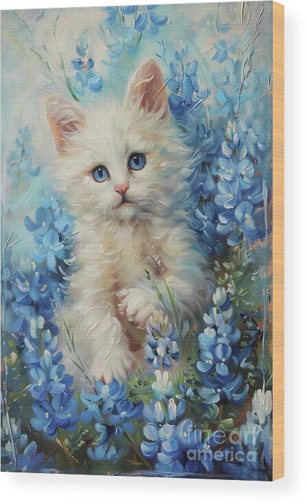 White Kitten Wood Print featuring the painting Blue Bonnet Kitten by Tina LeCour