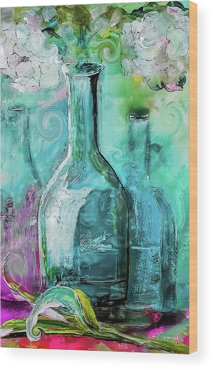 Blue Wood Print featuring the painting Blue Glass Floral Grunge by Lisa Kaiser