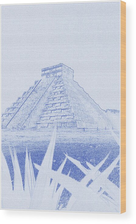 Blueprint Drawing Of Landmark - Chichen Itza By Ahmet Asar Wood Print featuring the painting Blueprint Drawing of Landmark - Chichen Itza by Celestial Images