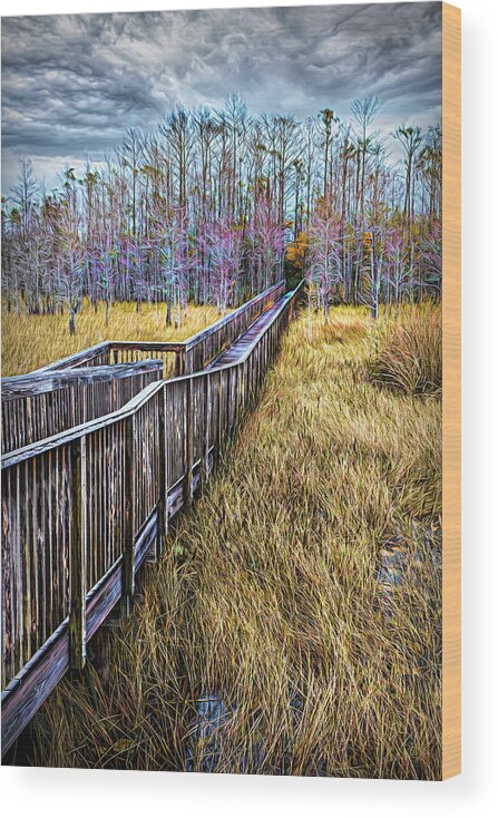 Clouds Wood Print featuring the photograph Boardwalk over the Marsh Painting by Debra and Dave Vanderlaan