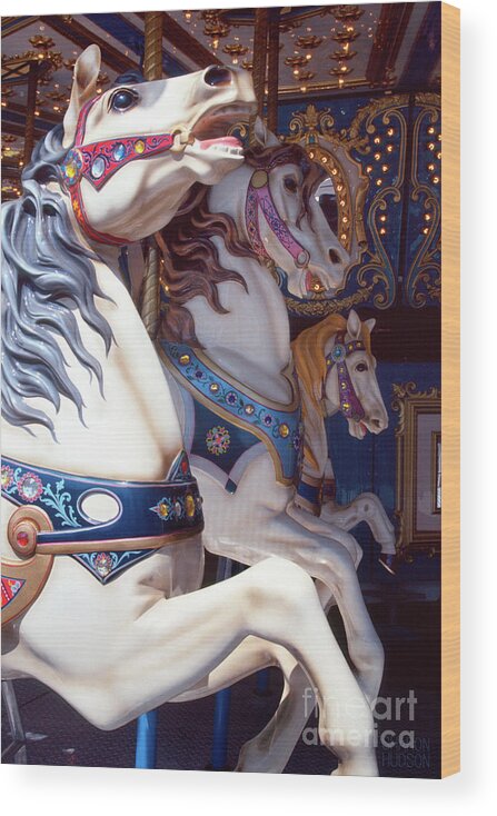 Carousel Wood Print featuring the photograph carousel horse photographs - Three White Horses by Sharon Hudson