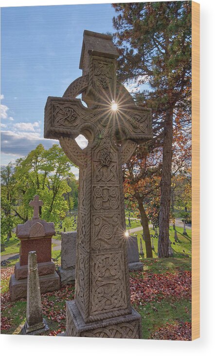 Celtic Wood Print featuring the photograph Celtic Cross Tombstone on hill of Calvary Chapel in Milwaukee WI by Peter Herman