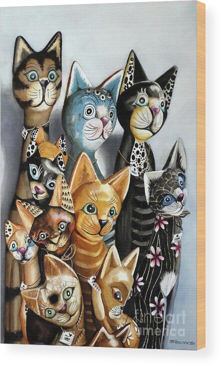 Cat Wood Print featuring the painting Cheaper by the Dozen by Jeanette Ferguson