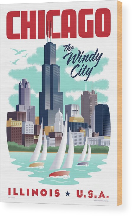 Art Deco Wood Print featuring the digital art Chicago Poster - Vintage Travel by Jim Zahniser