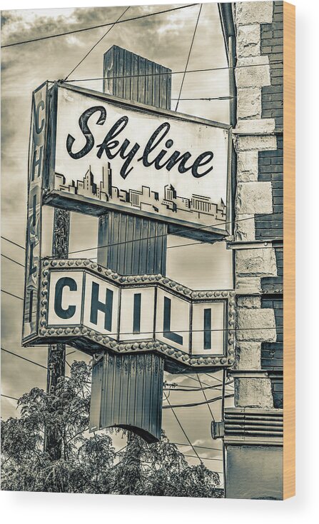 Cincinnati Skyline Wood Print featuring the photograph Cincinnati Skyline Chili Sign - Sepia by Gregory Ballos