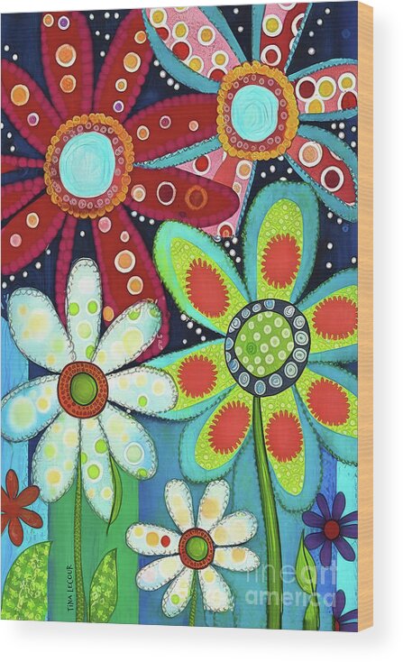 Daisy Flowers Wood Print featuring the painting Colorful Flower Power by Tina LeCour