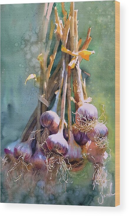Colorful watercolor painting nature Garlic Wood Print by Samira Yanushkova  - Pixels