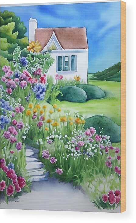 Garden Wood Print featuring the mixed media Cottage Flowers by Bonnie Bruno