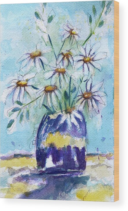 Loose Floral Wood Print featuring the painting Daisies in a Purple Vase by Roxy Rich