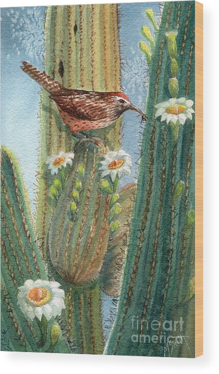 Cactus Wren Wood Print featuring the painting Desert Gems by Marilyn Smith