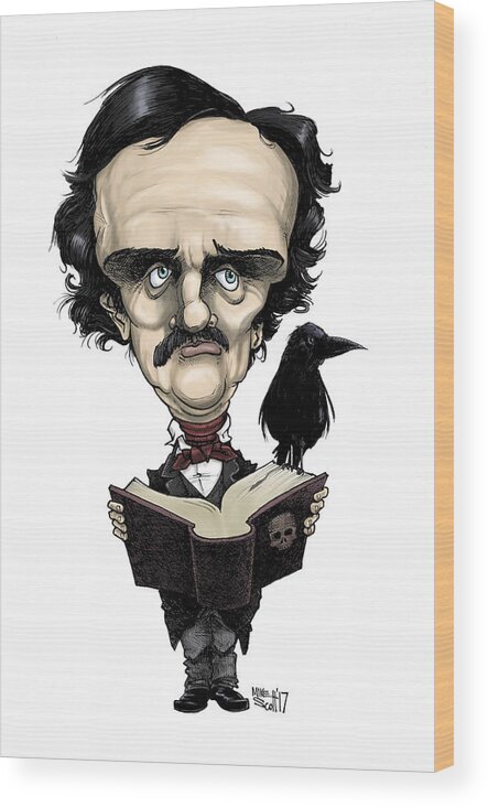 Caricature Wood Print featuring the drawing Edgar Allan Poe in color by Mike Scott