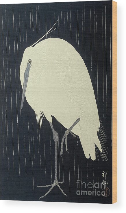 Egret Wood Print featuring the painting Egret in the rain by Ohara Koson by Ohara Koson