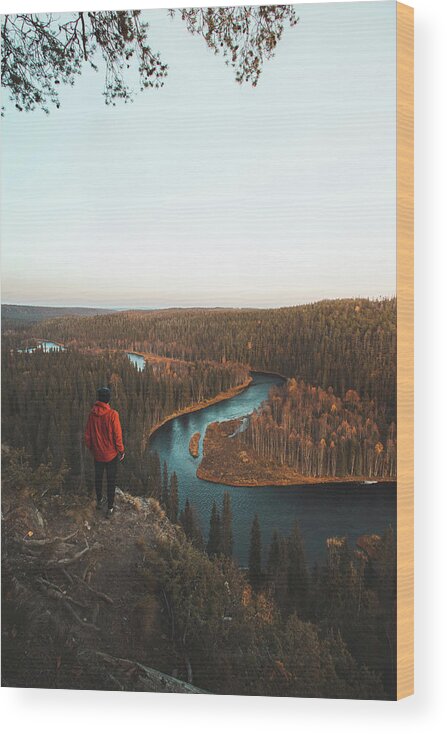 Kuusamo Wood Print featuring the photograph Explorer looks at the blue snake, the river which is surrounded by spruce forests by Vaclav Sonnek