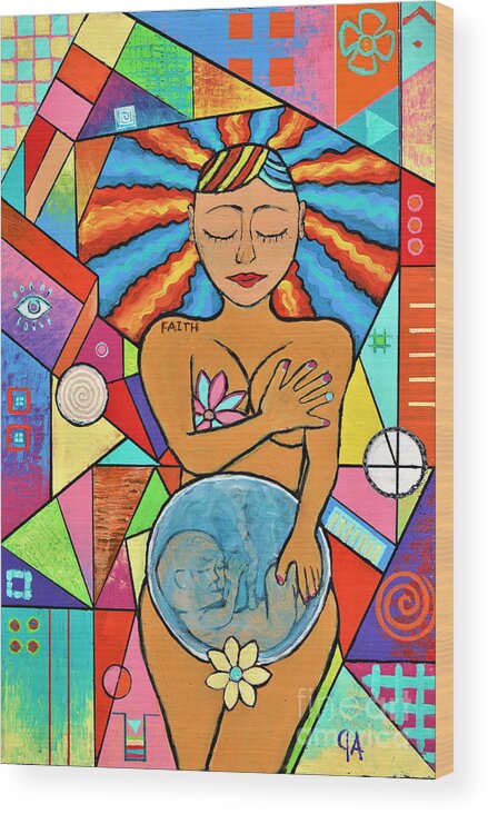 Faith Wood Print featuring the painting Faith, She Carries The World On Her Hips by Jeremy Aiyadurai