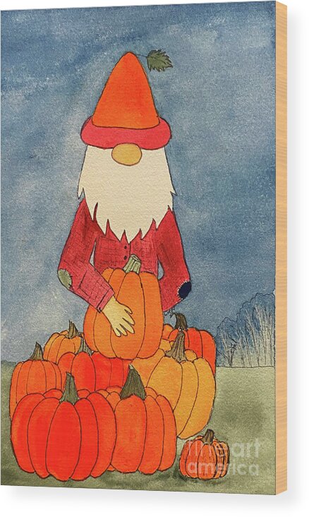 Fall Wood Print featuring the mixed media Fall Gnome with Pumpkins by Lisa Neuman