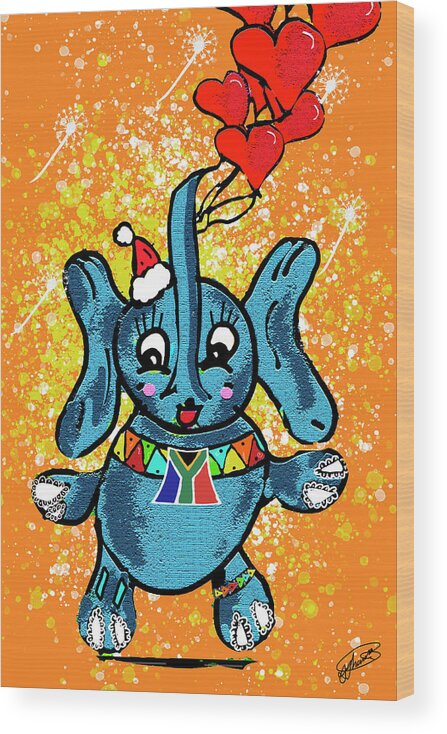 Cartoon Wood Print featuring the photograph Festive Baby Elephant with Balloons by Vanessa Thomas