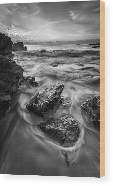Marginal Way Wood Print featuring the photograph First Light in Ogunquit in Black and White by Kristen Wilkinson