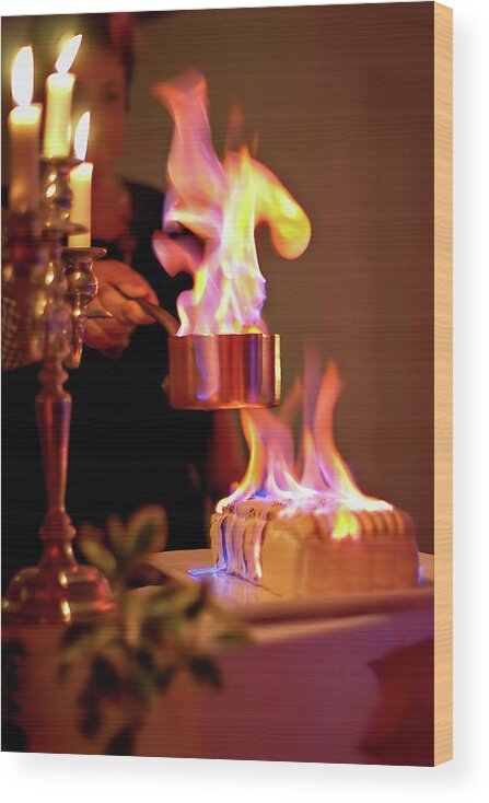 Alcohol Wood Print featuring the photograph Flambeed Norwegian omelet, Baked Alaska by Jean-Luc Farges