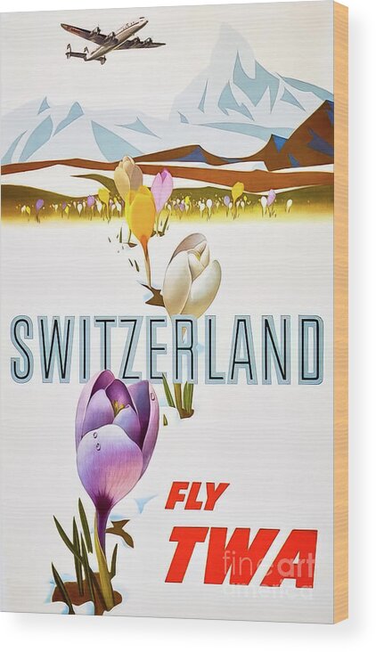Airline Wood Print featuring the drawing Fly TWA to Switzerland Travel Poster 1959 by M G Whittingham