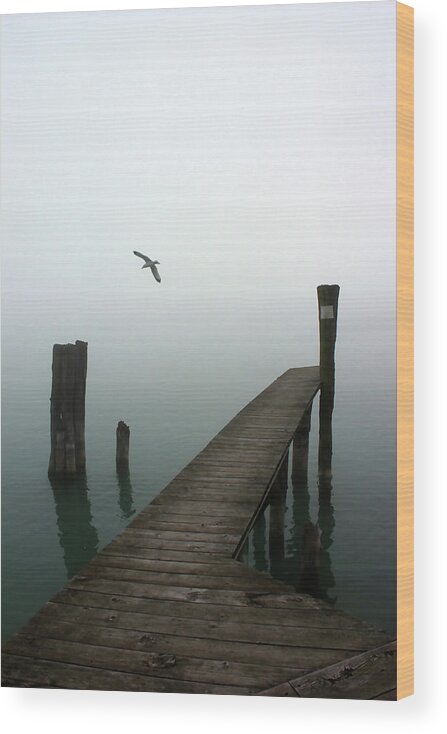 Fog Wood Print featuring the photograph Foggy Dock 12 by Mary Bedy