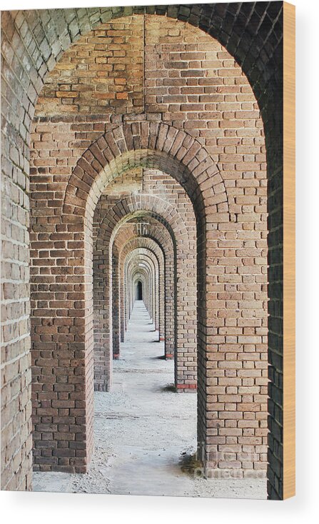 Arches; Fort Jefferson; Entryway; Doorway; Brick; Bricks; Fort; Civil War; Prison; Dry Tortugas; Key West; National Park; Park; Repetition; Perspective; Red; Gray; Vertical; Architecture; Wood Print featuring the photograph Fort Jefferson Arches by Tina Uihlein