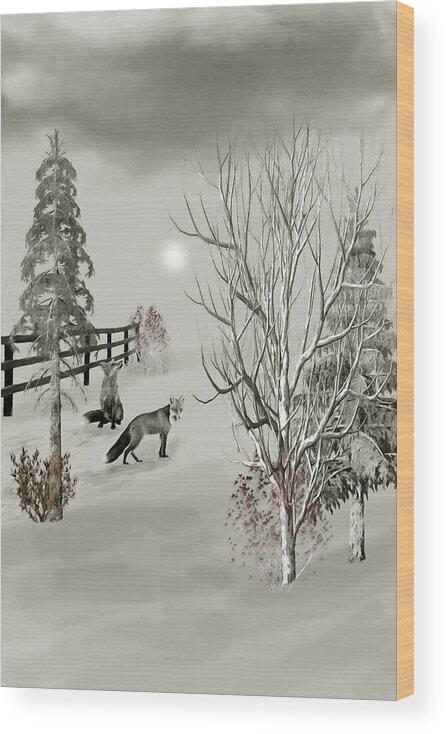 Fox Wood Print featuring the mixed media Foxes near the corral Winter Morning B W by David Dehner