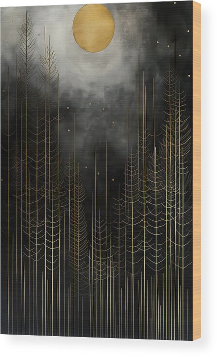 Geometric Black And Gold Evergreen Art Wood Print featuring the painting Geometric Perfection in Black and Gold - Evergreen Abstract by Lourry Legarde