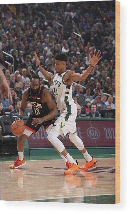 Nba Pro Basketball Wood Print featuring the photograph Giannis Antetokounmpo and James Harden by Gary Dineen