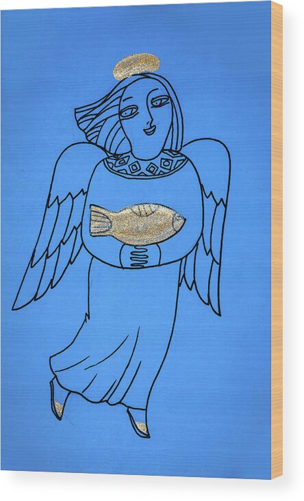 Russian Artists New Wave Wood Print featuring the drawing Good Angel Drawing Series Blue by Tatiana Koltachikhina