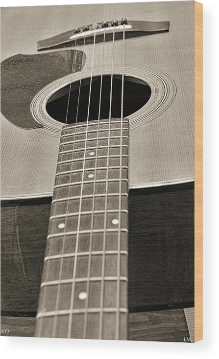 Guitar Black And White Wood Print featuring the photograph Guitar Black And White by Lisa Wooten