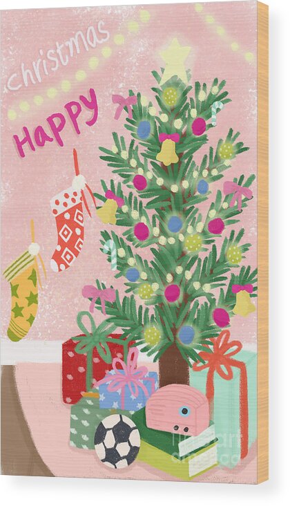 Christmas Wood Print featuring the drawing Happy Christmas by Min fen Zhu